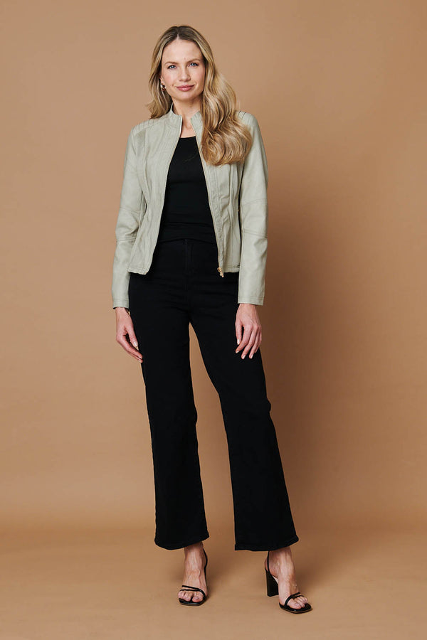 Stone | Zip Front Faux Leather Jacket