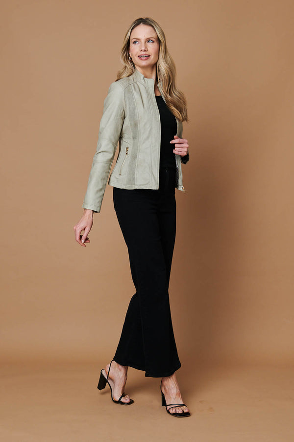 Stone | Zip Front Faux Leather Jacket