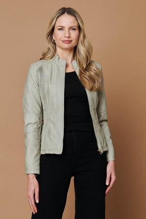 Stone | Zip Front Faux Leather Jacket