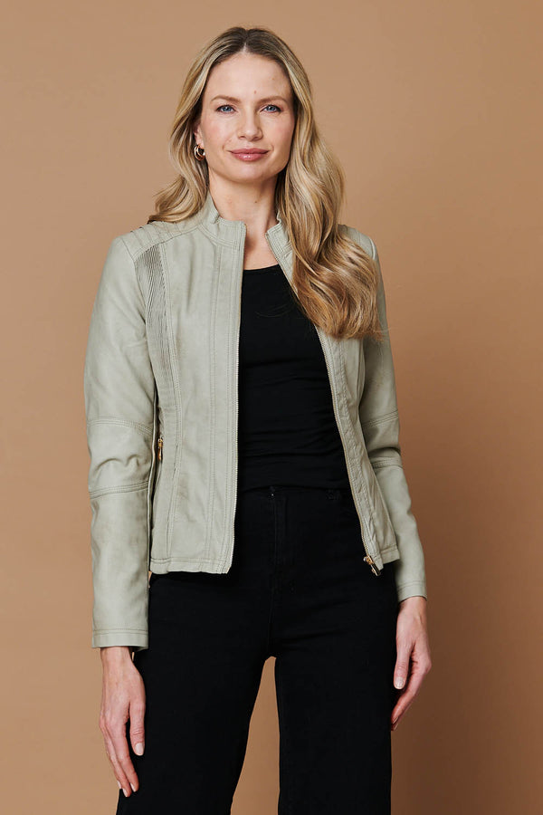 Stone | Zip Front Faux Leather Jacket