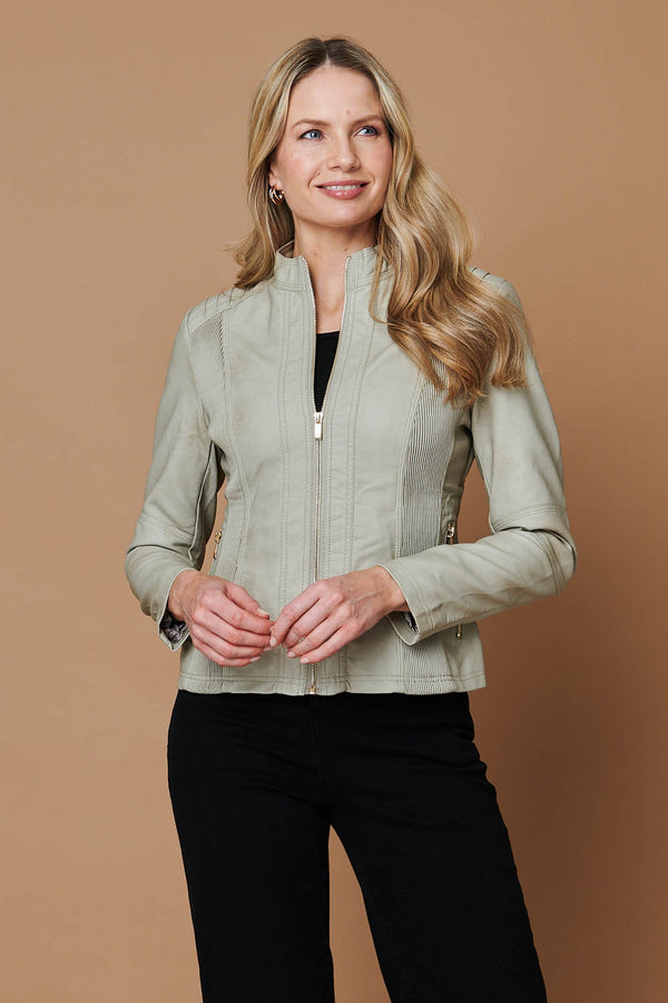 Stone | Zip Front Faux Leather Jacket