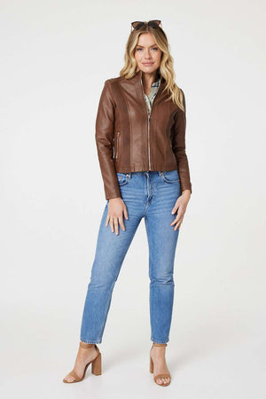 Tan | Zip Front Faux Leather Jacket