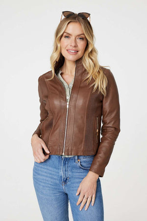 Tan | Zip Front Faux Leather Jacket
