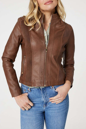 Tan | Zip Front Faux Leather Jacket