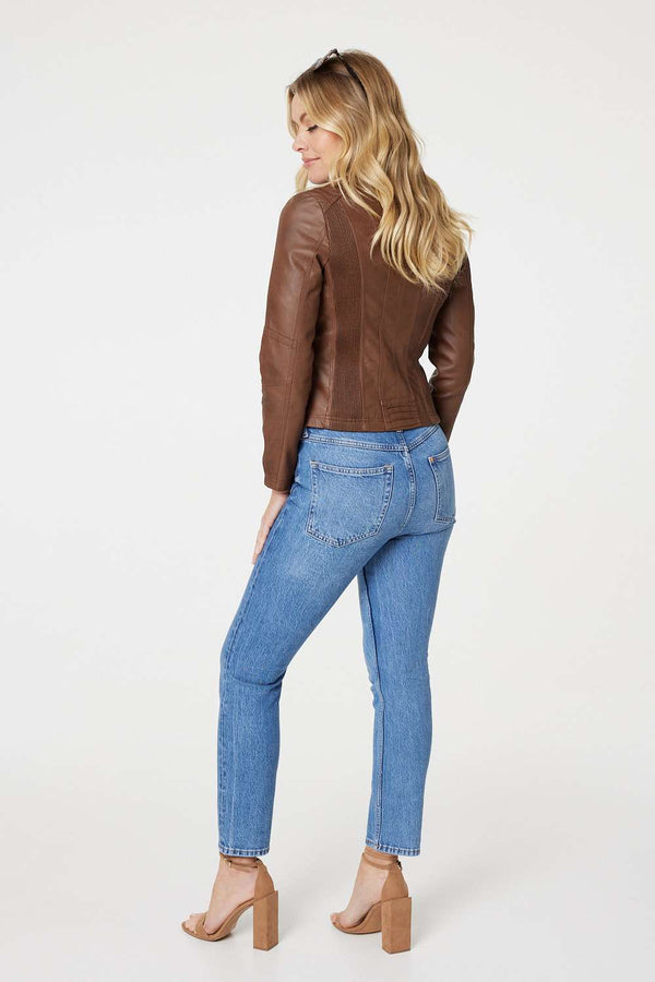 Tan | Zip Front Faux Leather Jacket