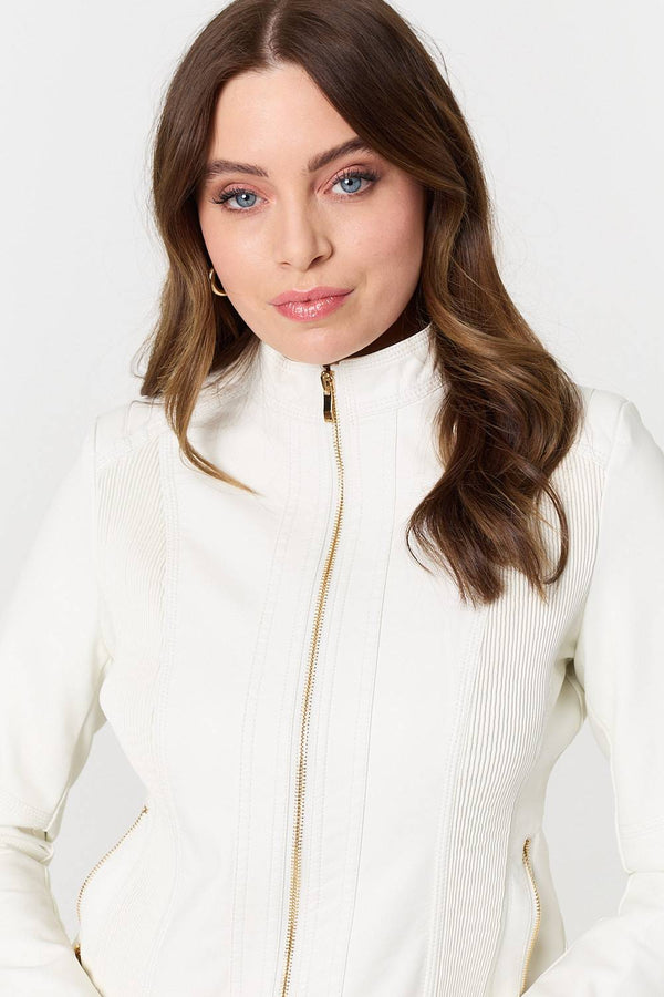 White | Zip Front Faux Leather Jacket