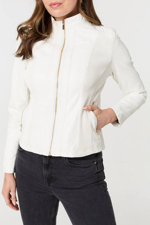 White | Zip Front Faux Leather Jacket
