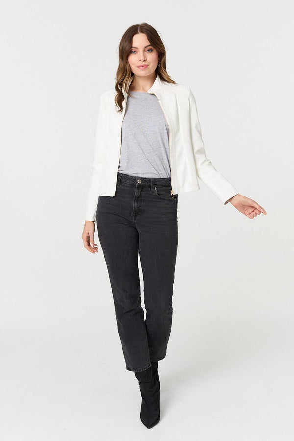 White | Zip Front Faux Leather Jacket