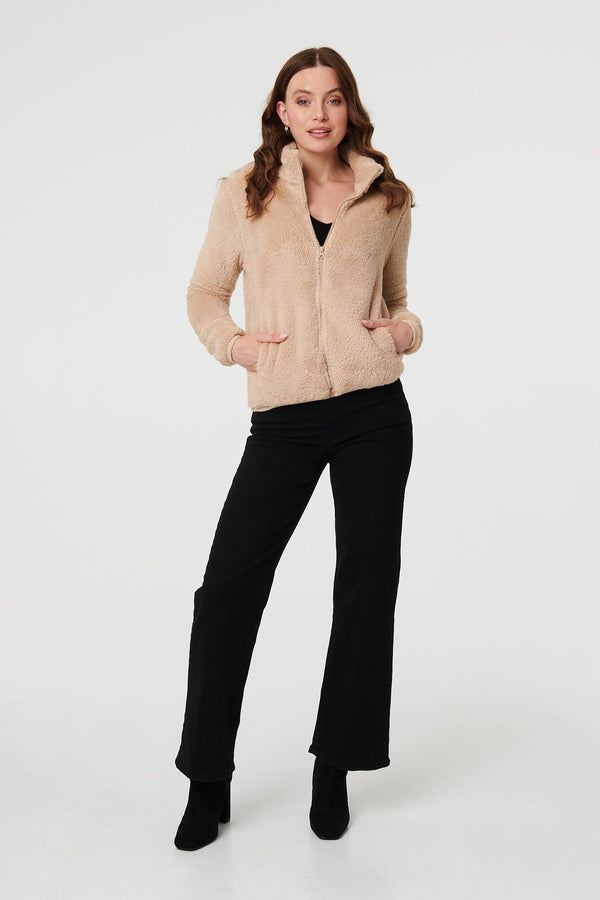 Beige | Soft Texture Zip Front High Neck Fleece
