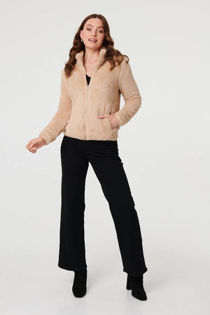 Beige | Soft Texture Zip Front High Neck Fleece
