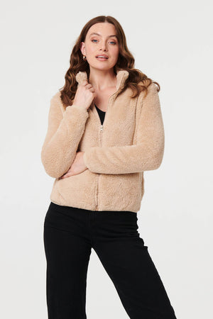 Beige | Soft Texture Zip Front High Neck Fleece : Model is 5'9