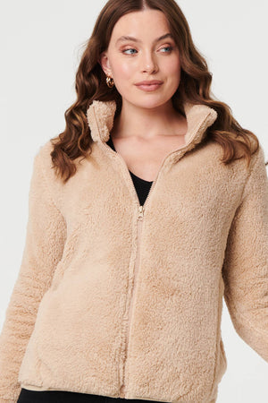 Beige | Soft Texture Zip Front High Neck Fleece
