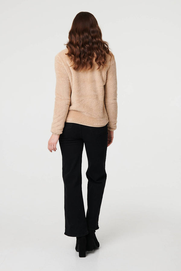 Beige | Soft Texture Zip Front High Neck Fleece
