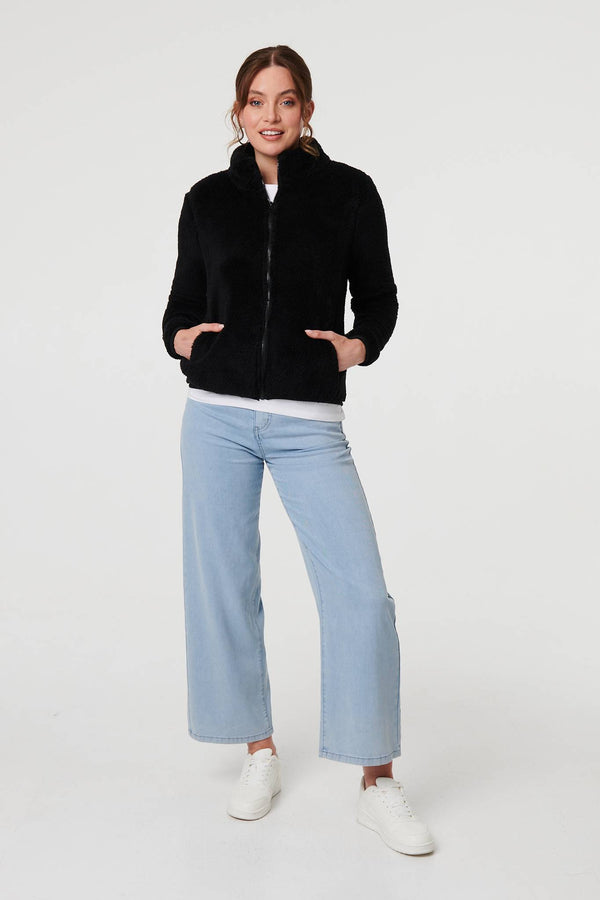 Black | Soft Texture Zip Front High Neck Fleece
