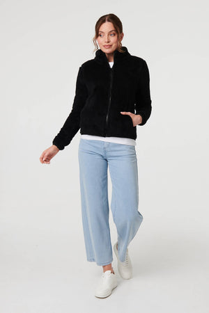 Black | Soft Texture Zip Front High Neck Fleece

