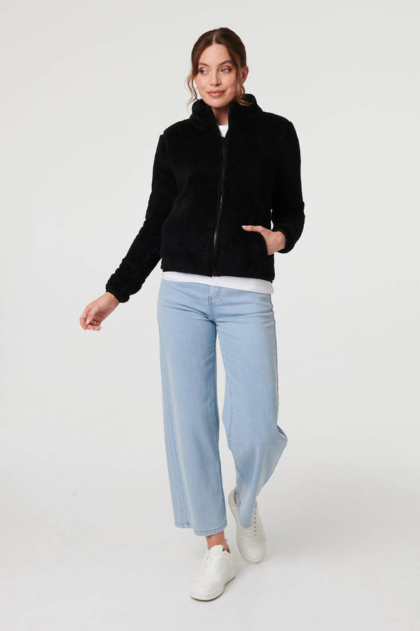 Black | Soft Texture Zip Front High Neck Fleece
