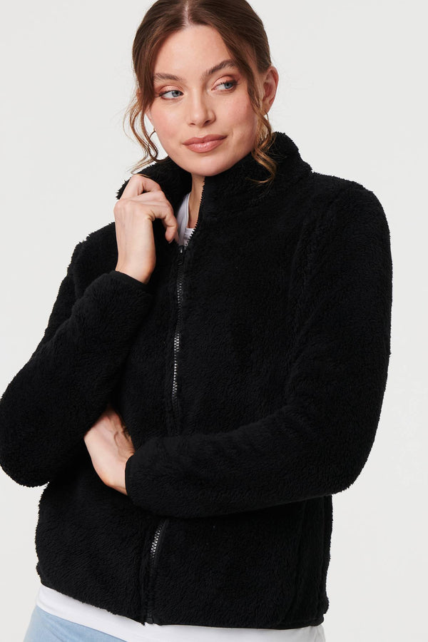 Black | Soft Texture Zip Front High Neck Fleece
