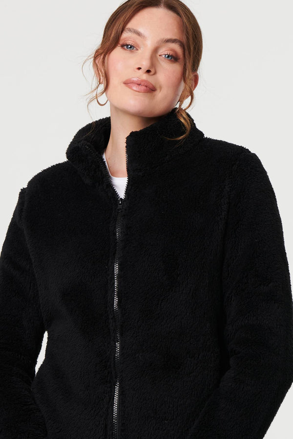 Black | Soft Texture Zip Front High Neck Fleece
