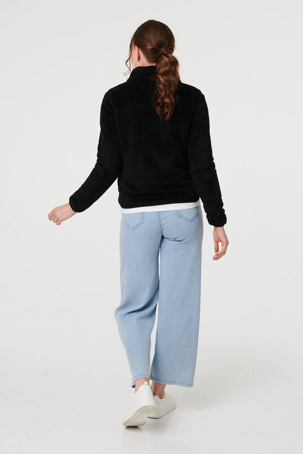 Black | Soft Texture Zip Front High Neck Fleece
