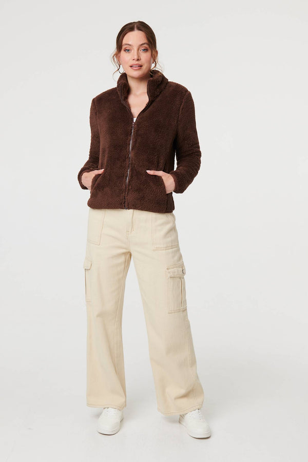 Brown | Soft Texture Zip Front High Neck Fleece
