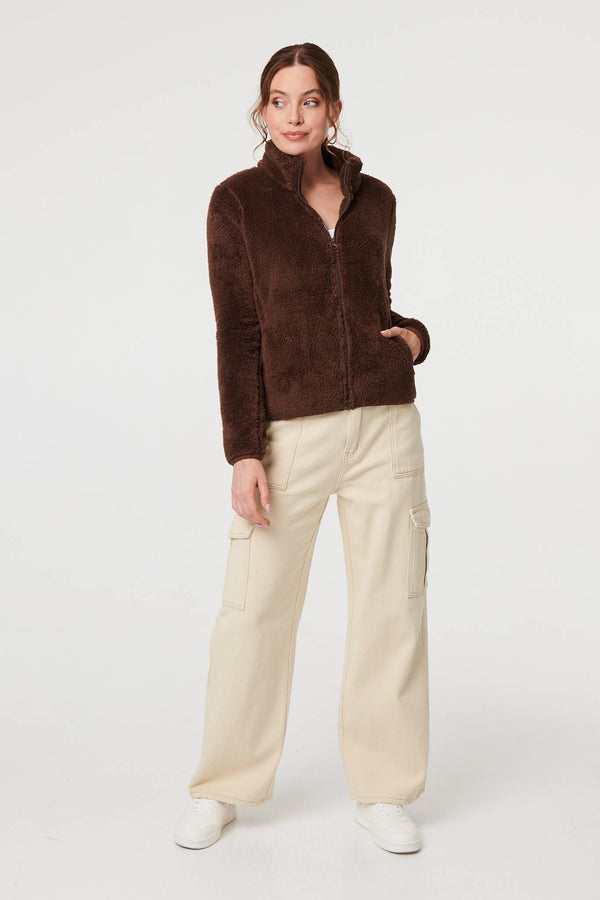 Brown | Soft Texture Zip Front High Neck Fleece
