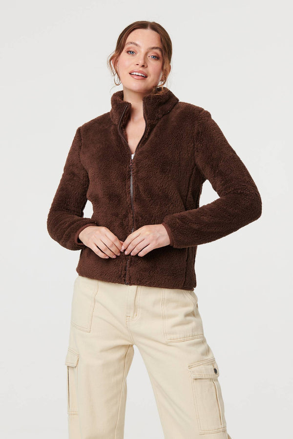 Brown | Soft Texture Zip Front High Neck Fleece

