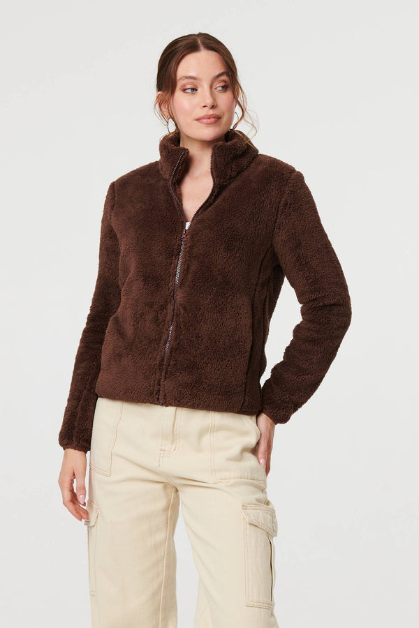 Brown | Soft Texture Zip Front High Neck Fleece
