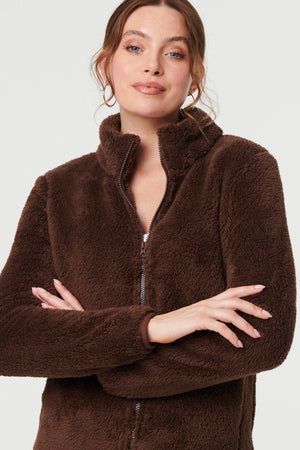 Brown | Soft Texture Zip Front High Neck Fleece
