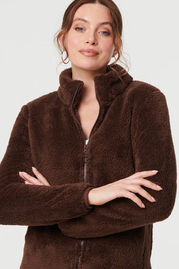 Brown | Soft Texture Zip Front High Neck Fleece
