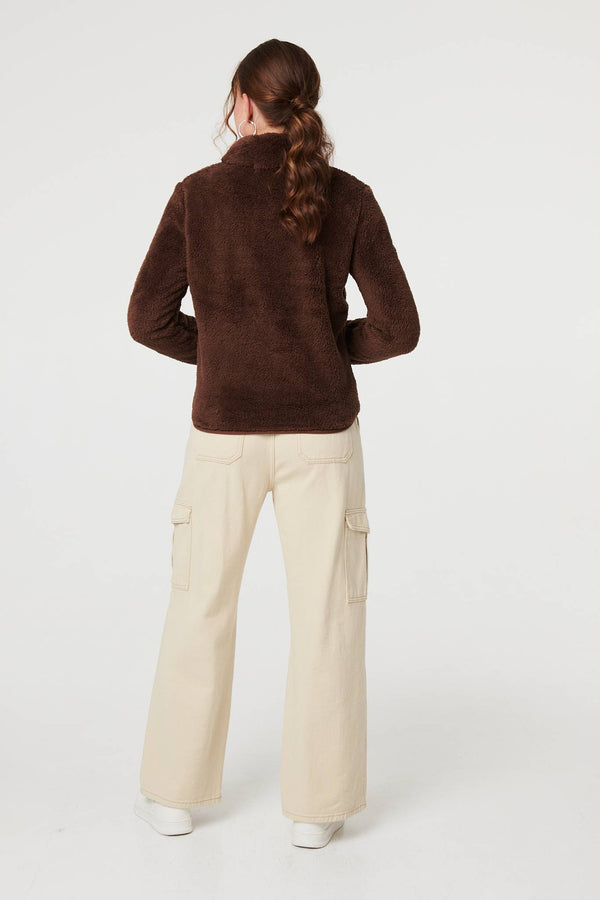 Brown | Soft Texture Zip Front High Neck Fleece

