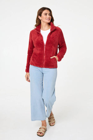 Coral | Soft Texture Zip Front High Neck Fleece
