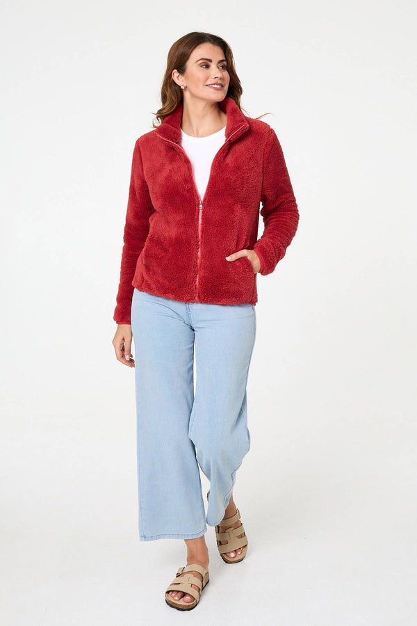 Coral | Soft Texture Zip Front High Neck Fleece
