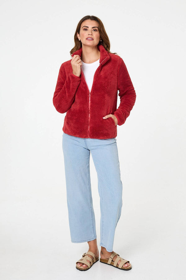 Coral | Soft Texture Zip Front High Neck Fleece
