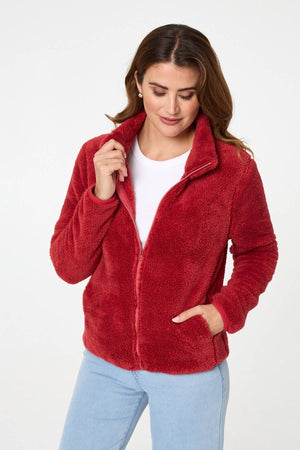 Coral | Soft Texture Zip Front High Neck Fleece : Model is 5'9