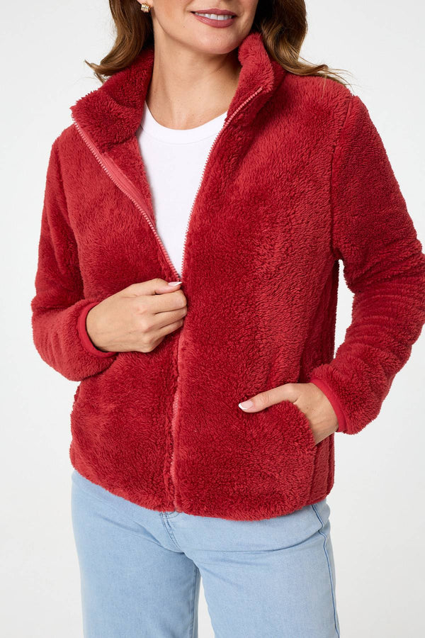 Coral | Soft Texture Zip Front High Neck Fleece
