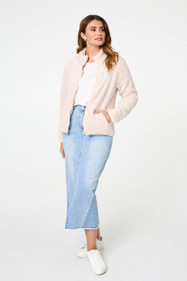 Cream | Soft Texture Zip Front High Neck Fleece
