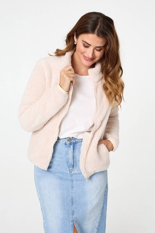 Cream | Soft Texture Zip Front High Neck Fleece : Model is 5'9"/175 cm and wears UK10/EU38/US6/AUS10
