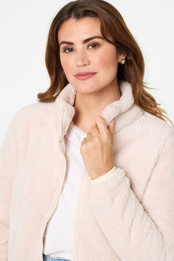 Cream | Soft Texture Zip Front High Neck Fleece
