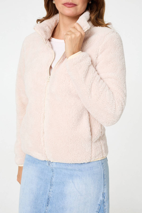 Cream | Soft Texture Zip Front High Neck Fleece
