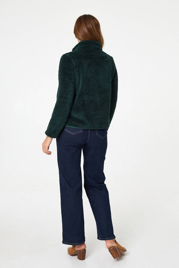 Dark Green | Soft Texture Zip Front High Neck Fleece

