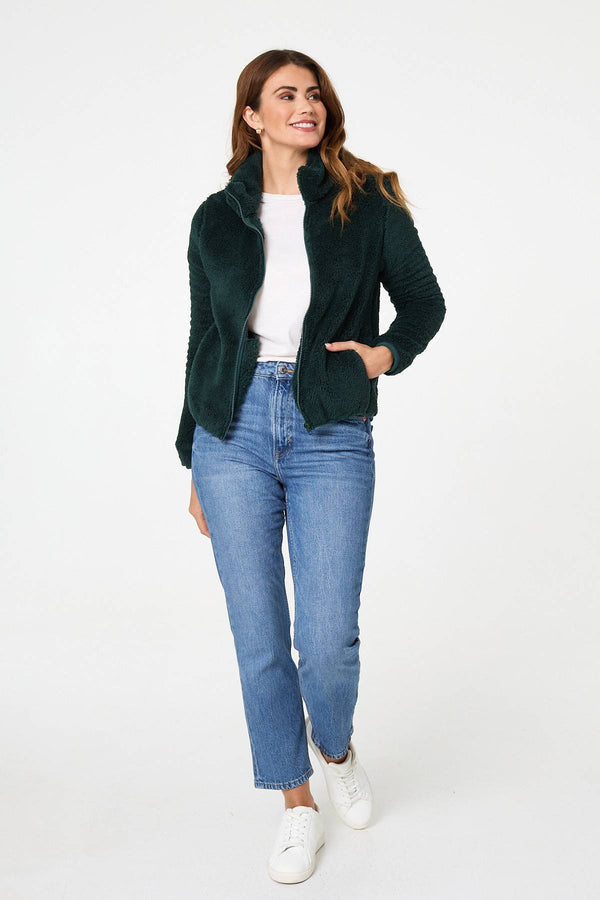 Dark Green | Soft Texture Zip Front High Neck Fleece
