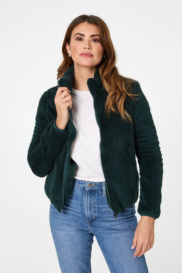 Dark Green | Soft Texture Zip Front High Neck Fleece
