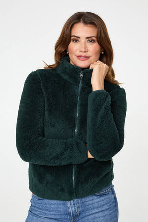 Dark Green | Soft Texture Zip Front High Neck Fleece
