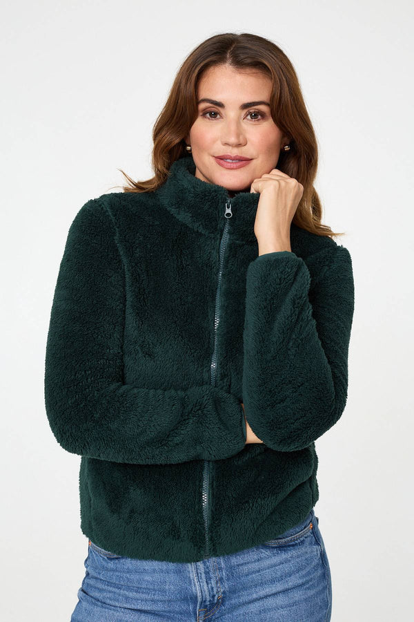 Dark Green | Soft Texture Zip Front High Neck Fleece
