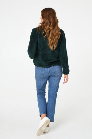 Dark Green | Soft Texture Zip Front High Neck Fleece
