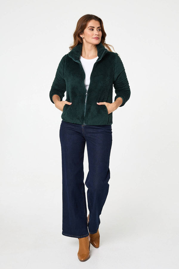 Dark Green | Soft Texture Zip Front High Neck Fleece

