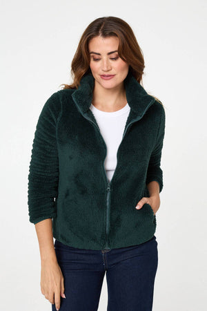 Dark Green | Soft Texture Zip Front High Neck Fleece : Model is 5'9