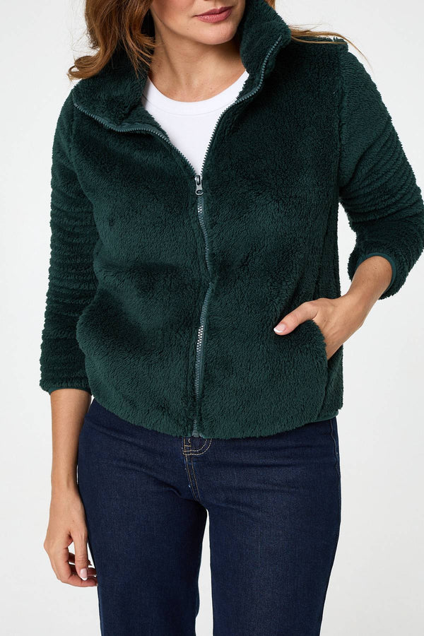 Dark Green | Soft Texture Zip Front High Neck Fleece
