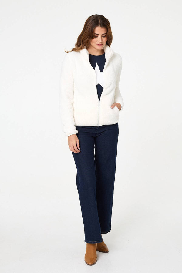 Ivory | Soft Texture Zip Front High Neck Fleece
