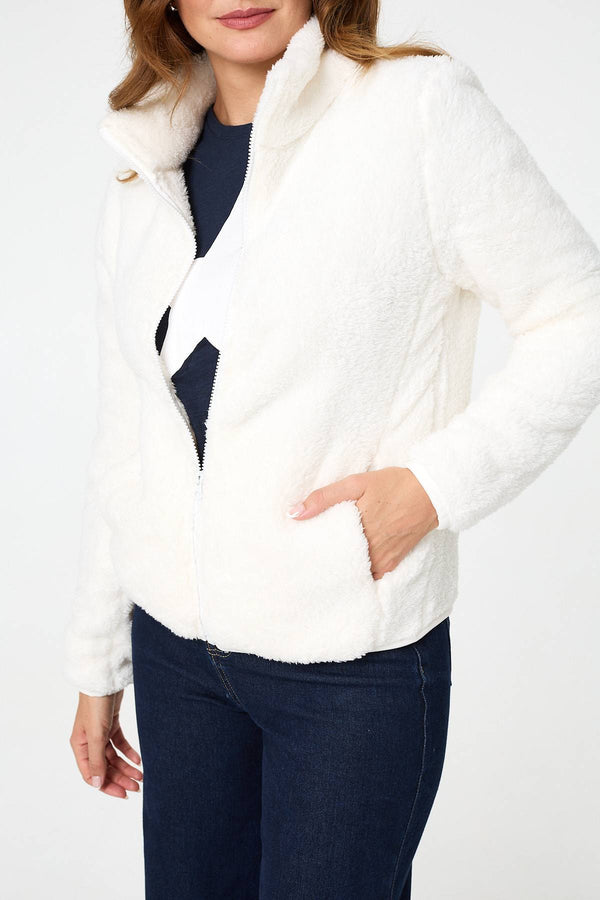 Ivory | Soft Texture Zip Front High Neck Fleece
